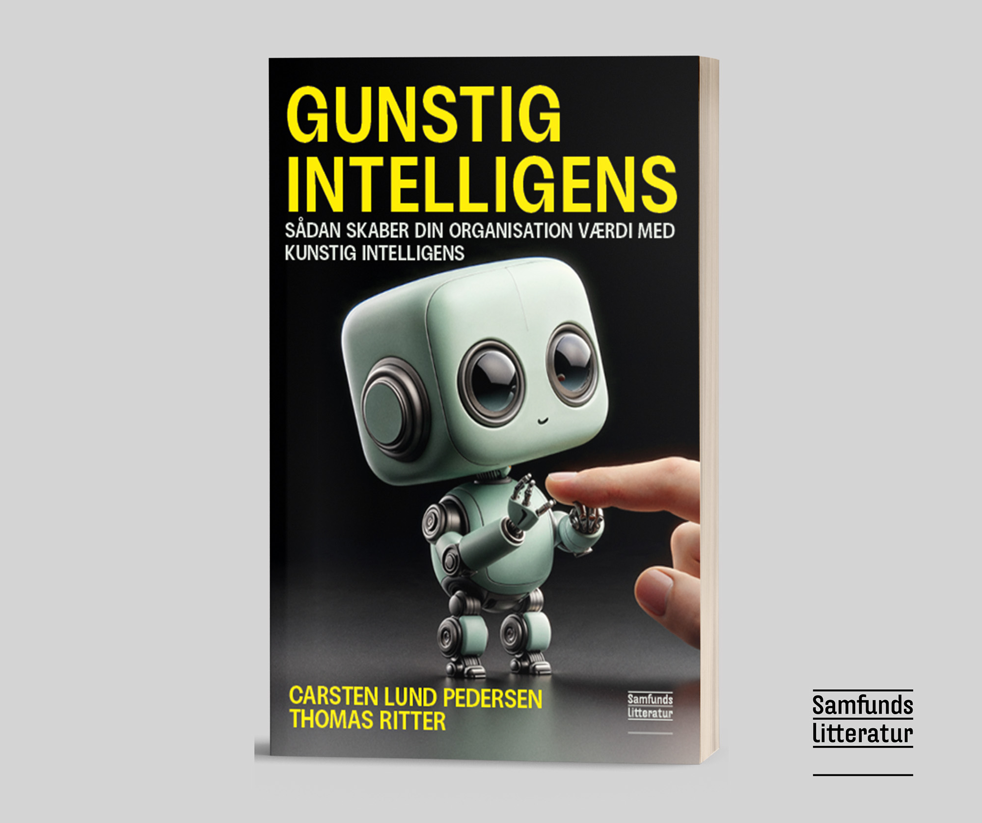 Bogomslag med finger pegende mod lille robot